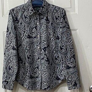 NEW Lauren Ralph Lauren No-Iron Sz M Womens Blouse Shirt Black/White Paisley